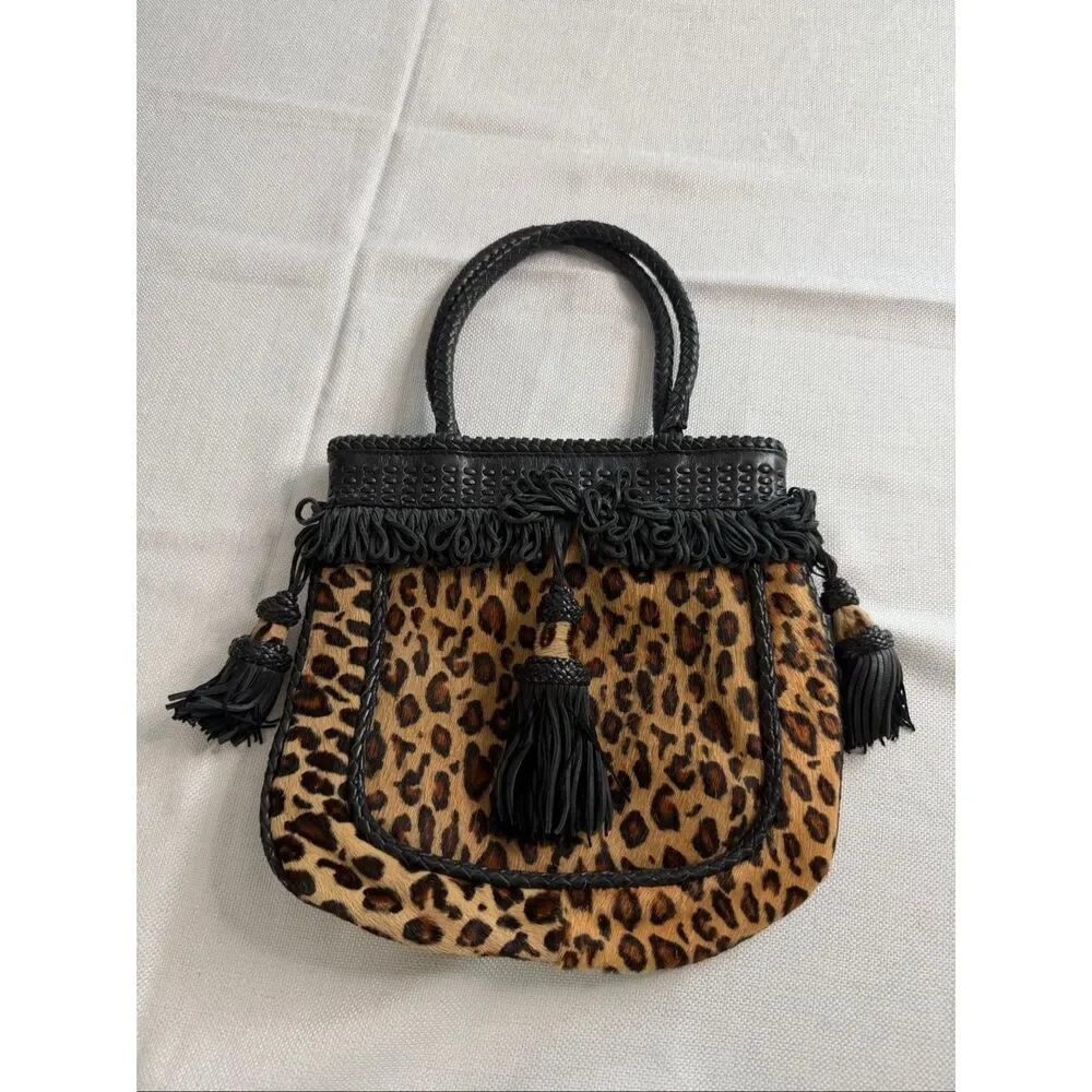 Francesco Biasia Leopard Haircalf Leather Tassel Satchel Top Handle Bag Italy